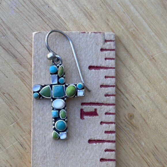VTG Christian Cross Hook Earrings‎ 1.5" Turquoise Gaspeite 925 Sterling MOP 6.7g - Picture 4 of 4